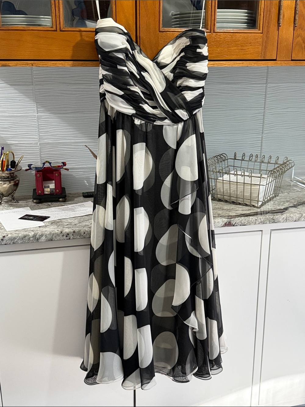 Vintage Black & White Polka Dot Strapless Midi Dress